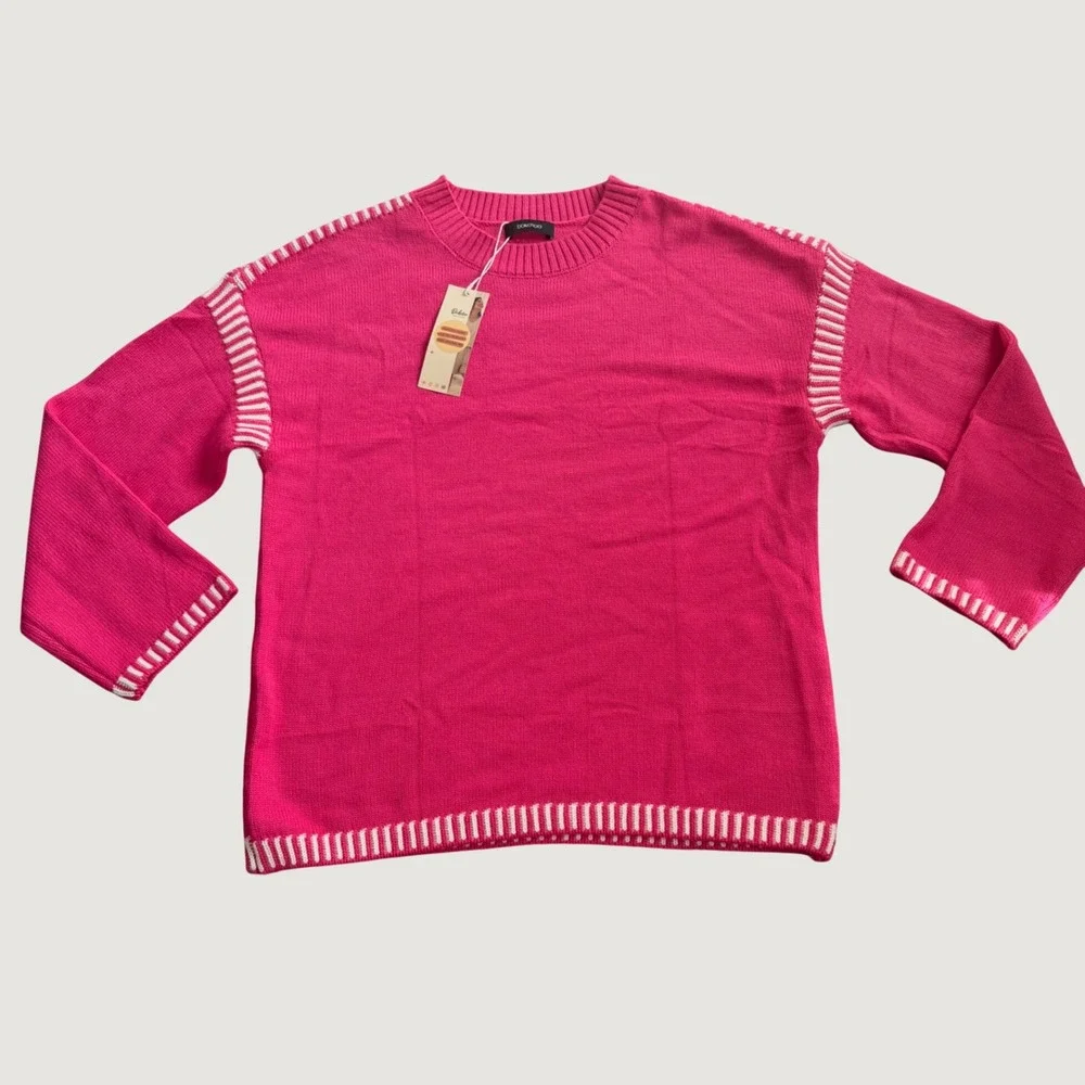 Dokotoo Sweater L Crewneck Contrast Stripe Acrylic Blend Relaxed Pink NEW